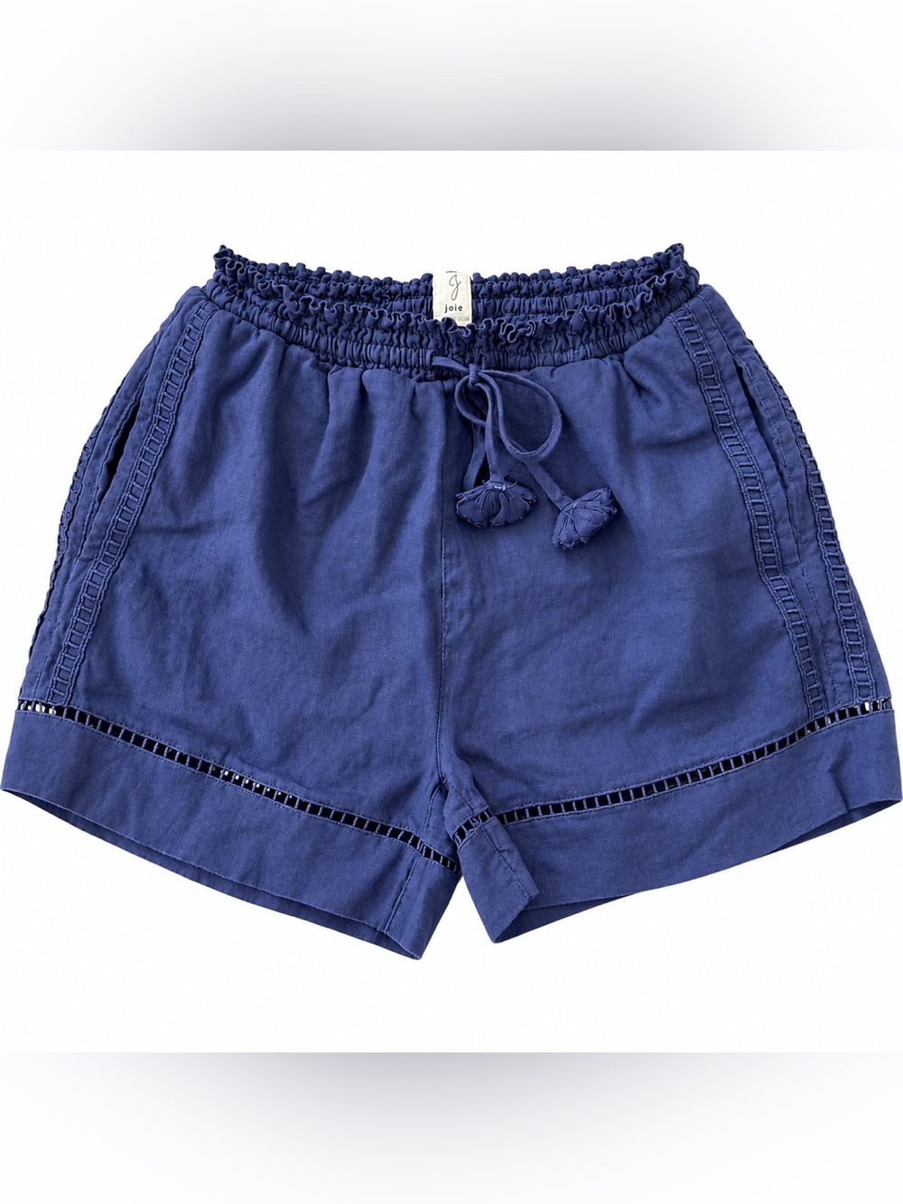 Joie Women’s XS Indigo Blue 100% Linen Shorts Drawstring Tassel Ladder Trim